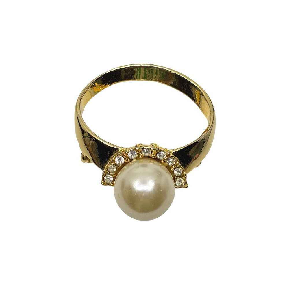 Vintage JJ Jonette Jewelry Gold Tone Faux Pearl Rhinestone Ring Shaped Brooch